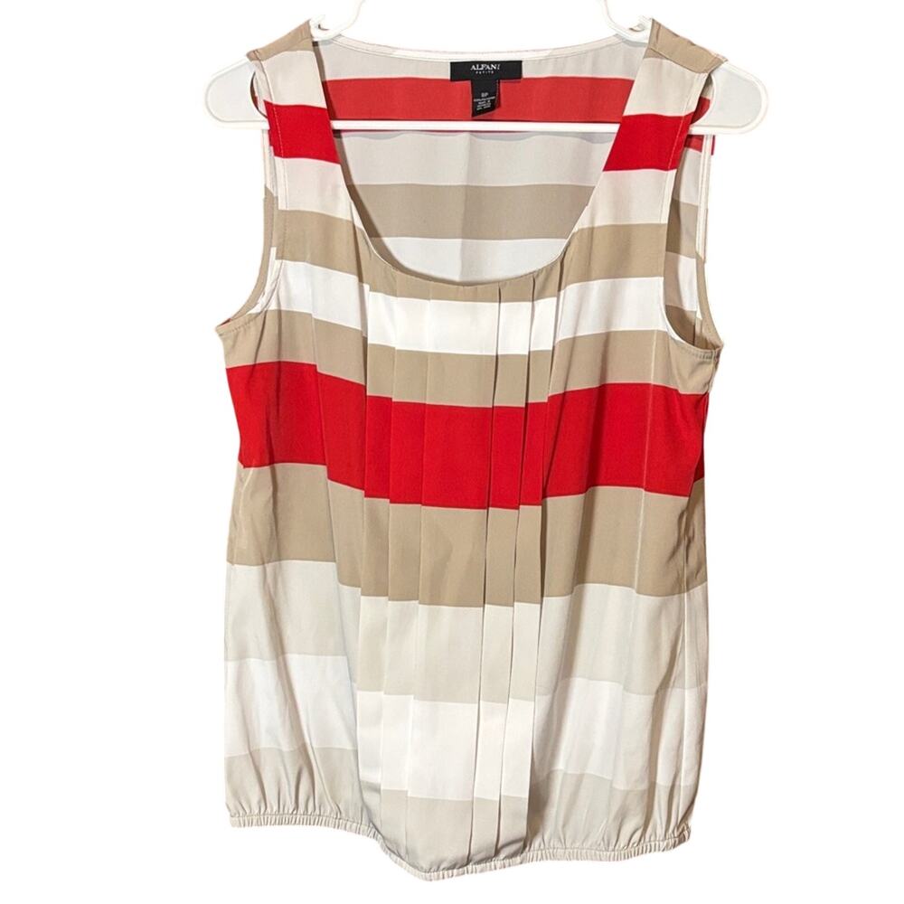 Alfani Petite Sleeveless Blouse Red Beige White Stripe Bubble Hem 8P